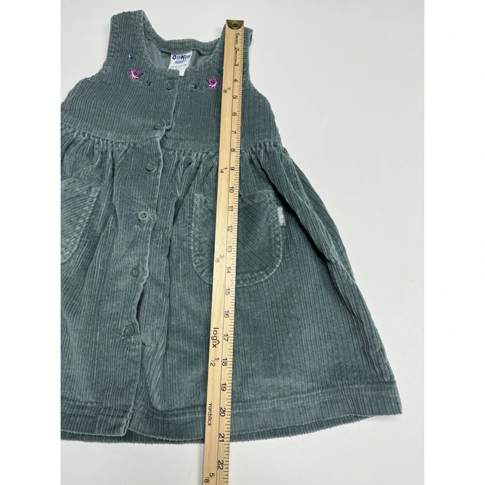 Vtg OshKosh BGosh Green Corduroy Jumper Dress Floral Embroidery Size 4T USA Made